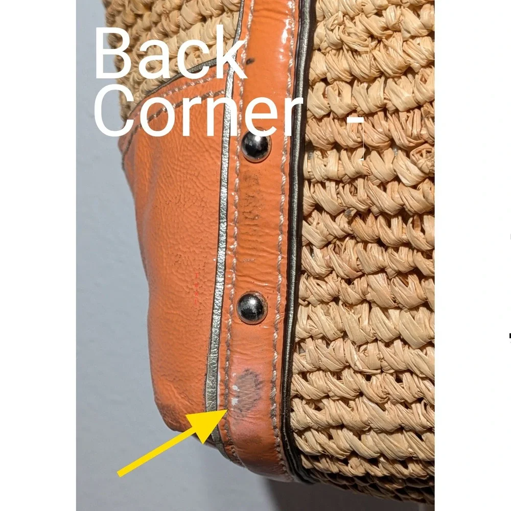 Coach Madison Straw Tote Flower Applique Natural & Orange Raffia Silver Studded